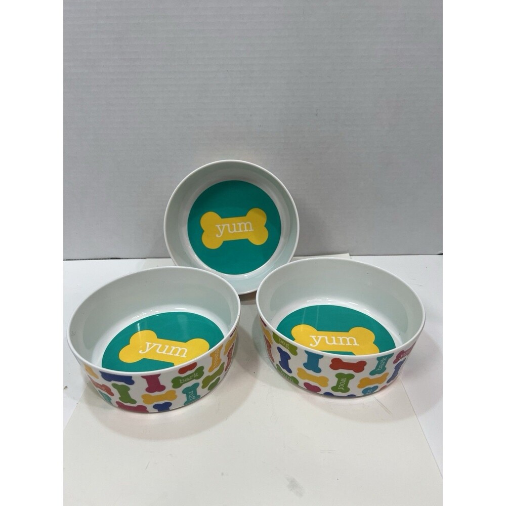 Dog Pet Bowls 3 Medium Colorful bones “Yum” Design Melamine Plastic